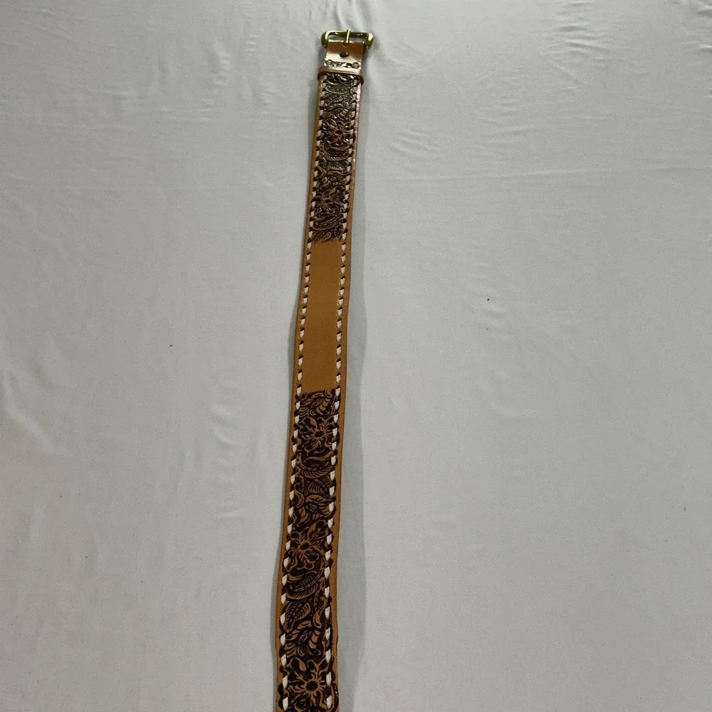 Justin Leather Belt 34 Tan Tooled Floral Whipstitch Western Cowhide Unisex Brass